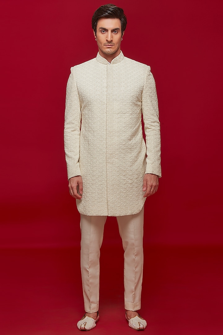 Ivory Rayon Embroidered Sherwani Set by SVEN SUITS