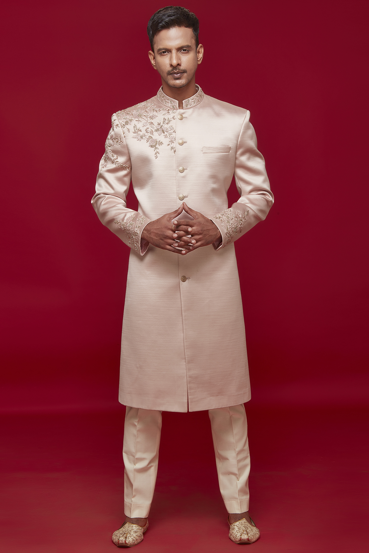 Blush Pink Faux Satin Silk Embroidered Sherwani Set by SVEN SUITS