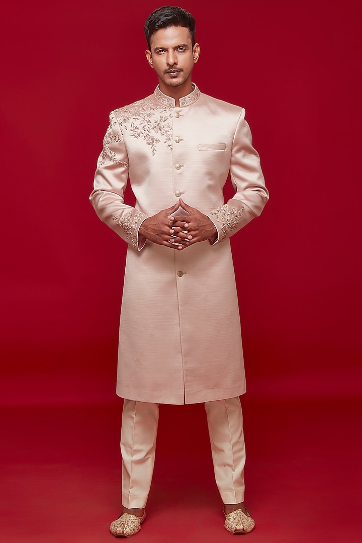 Blush Pink Faux Satin Silk Embroidered Sherwani Set by SVEN SUITS