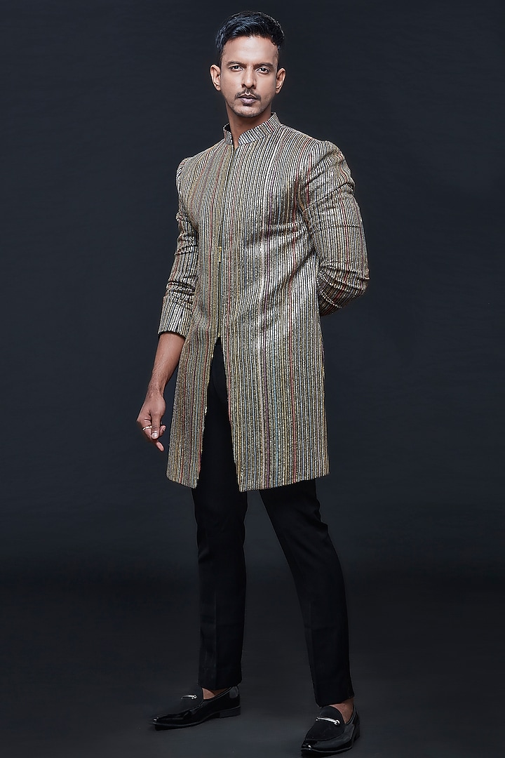 Black Georgette Sequins Embroidered Wedding Sherwani Set by SVEN SUITS at Pernia's Pop Up Shop