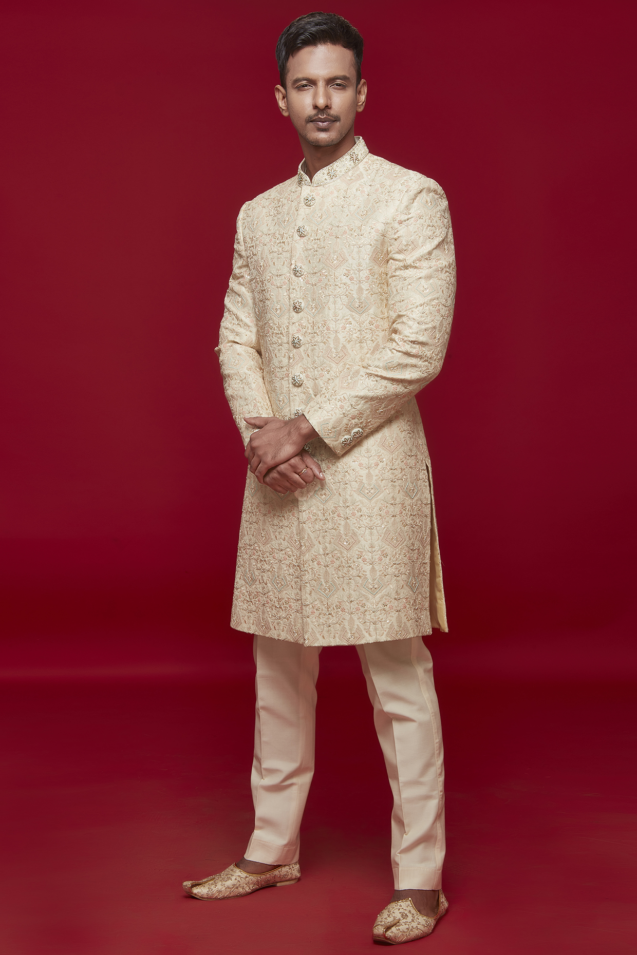 Gold Silk Motif Embroidered Sherwani Set by SVEN SUITS