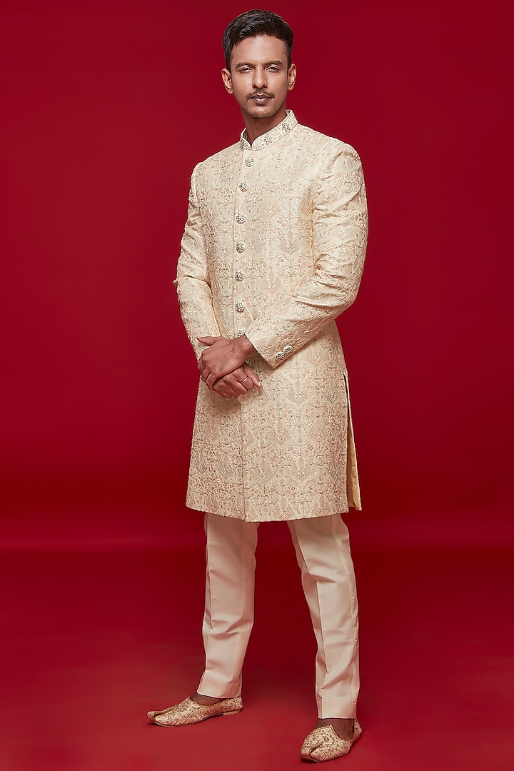 Gold Silk Motif Embroidered Sherwani Set by SVEN SUITS