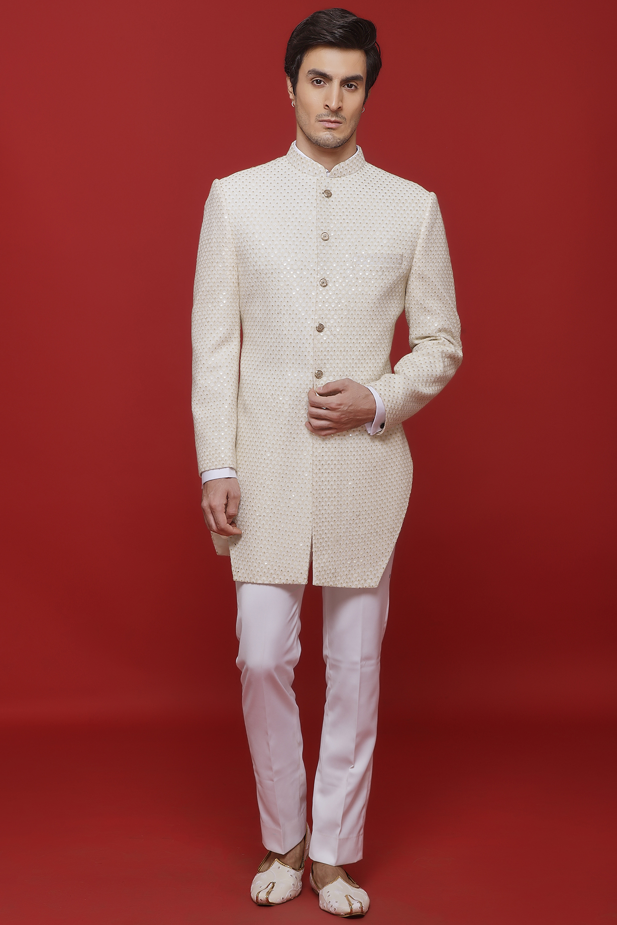 Ivory Georgette Motif Embroidered Sherwani Set by SVEN SUITS