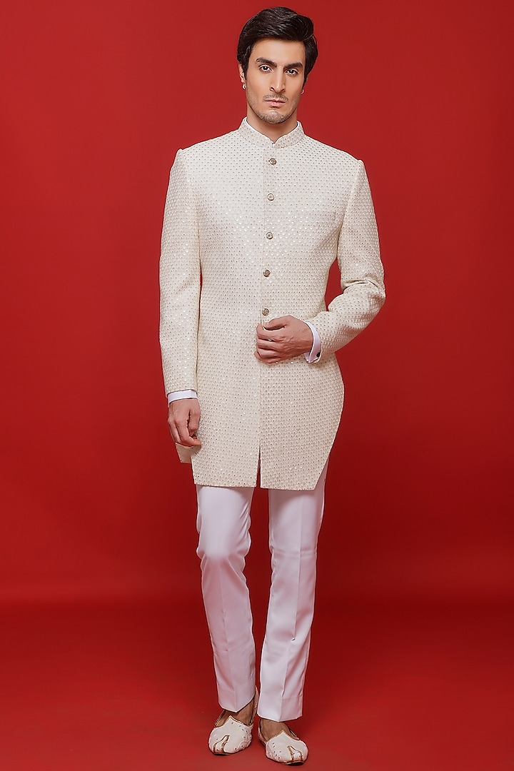 Ivory Georgette Motif Embroidered Sherwani Set by SVEN SUITS
