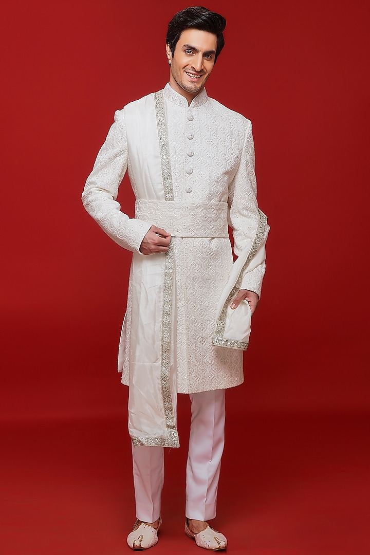 White Silk Hand Embroidered Sherwani Set by SVEN SUITS