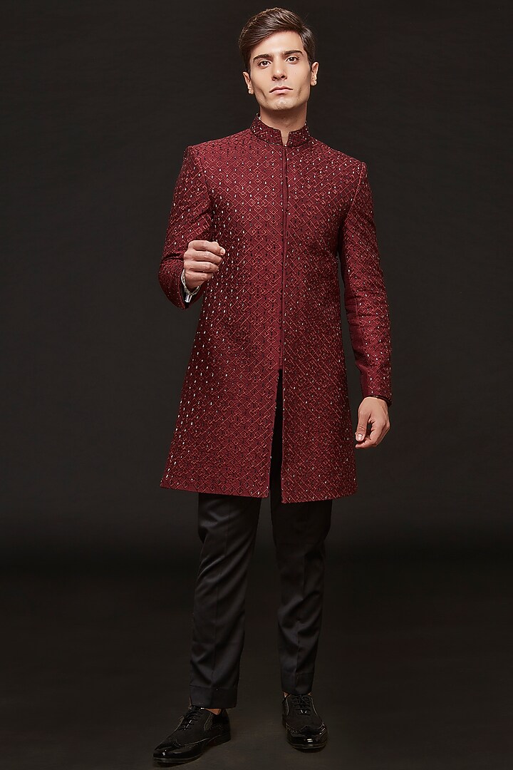 Wine Silk Embroidered Wedding Indowestern Set by SVEN SUITS at Pernia's Pop Up Shop