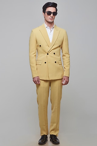 Yellow Polyester Stretch Blazer Set by SVEN SUITS