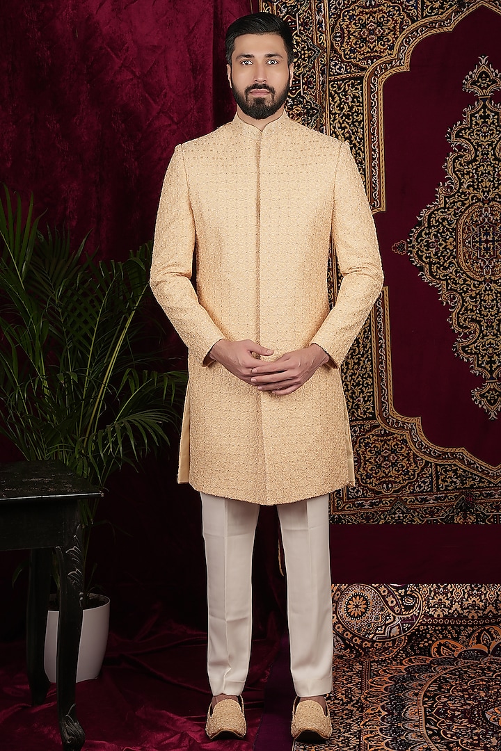 Pale Gold Silk Hand Embroidered Sherwani Set by SVEN SUITS
