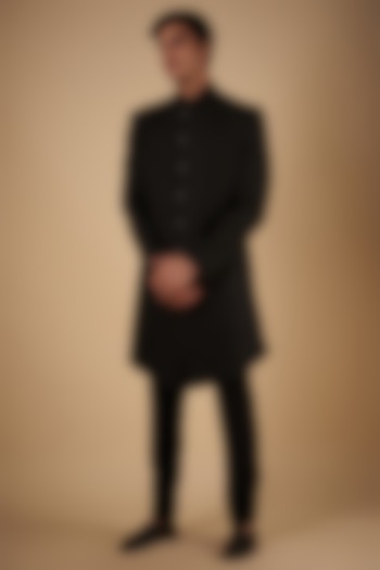 Black Silk Thread Embroidered Wedding Indowestern Set by SVEN SUITS at Pernia's Pop Up Shop