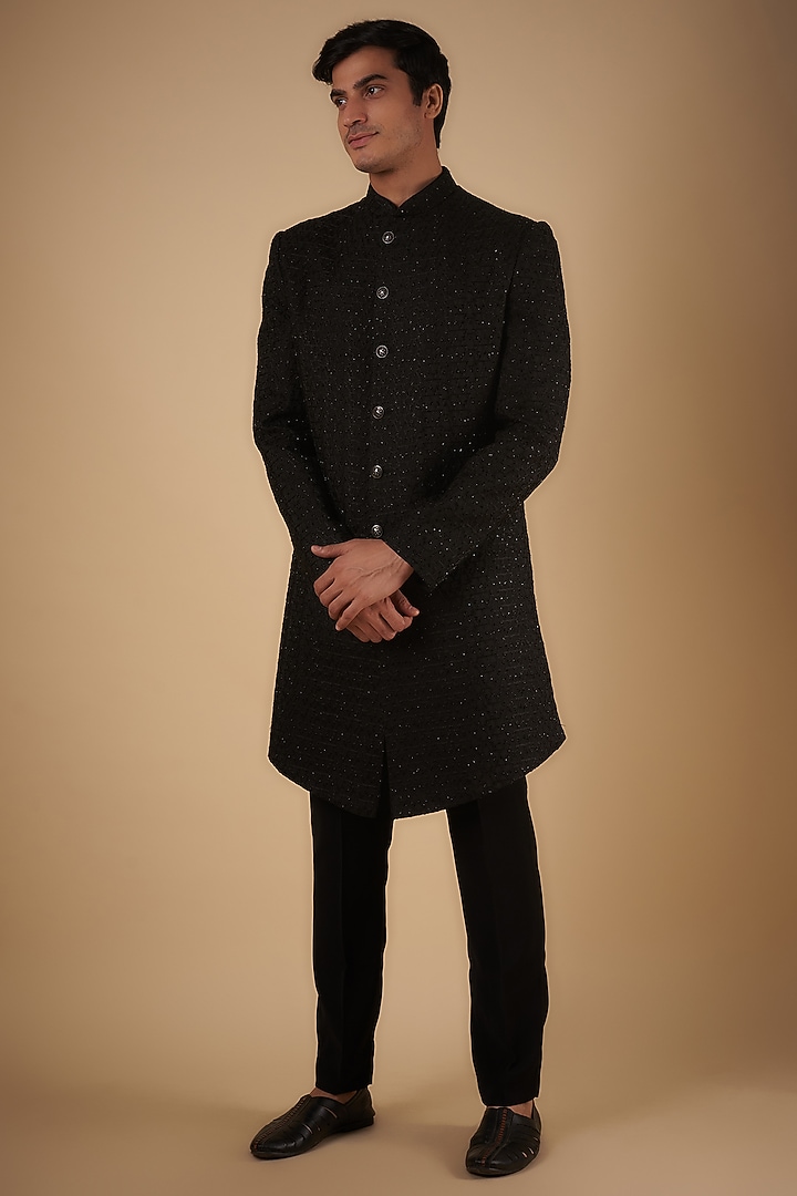 Black Silk Thread Embroidered Wedding Indowestern Set by SVEN SUITS at Pernia's Pop Up Shop