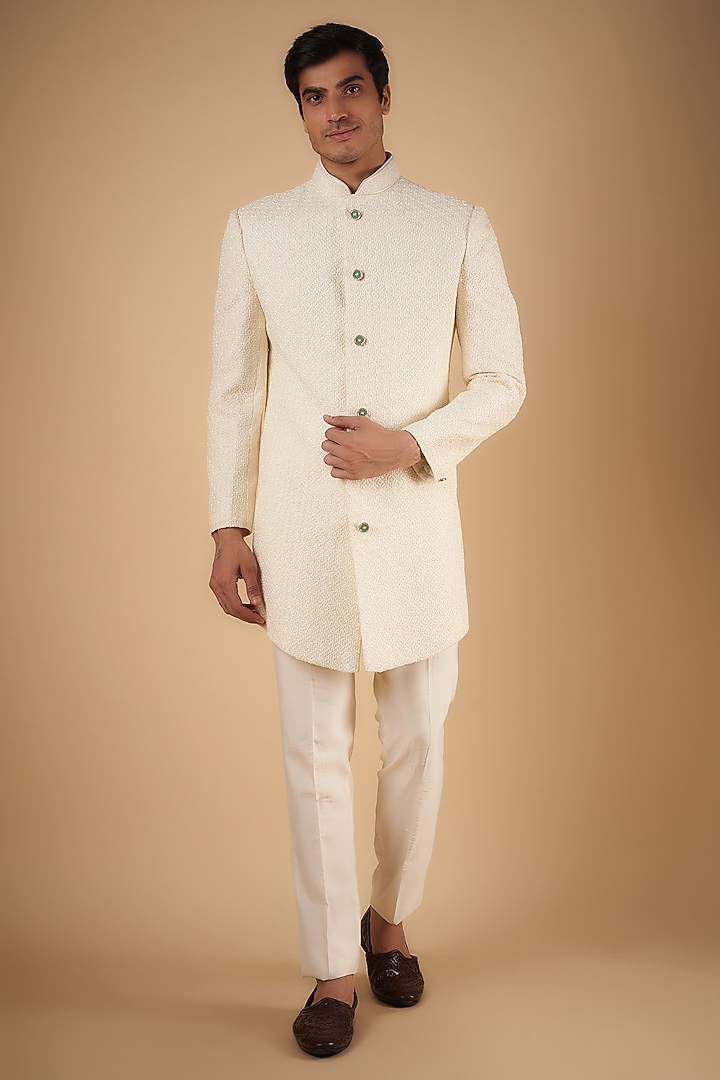 Cream Silk Thread Embroidered Groom Sherwani Set by SVEN SUITS at Pernia's Pop Up Shop