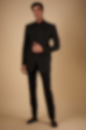 Black Silk Thread Embroidered Wedding Indowestern Set by SVEN SUITS at Pernia's Pop Up Shop