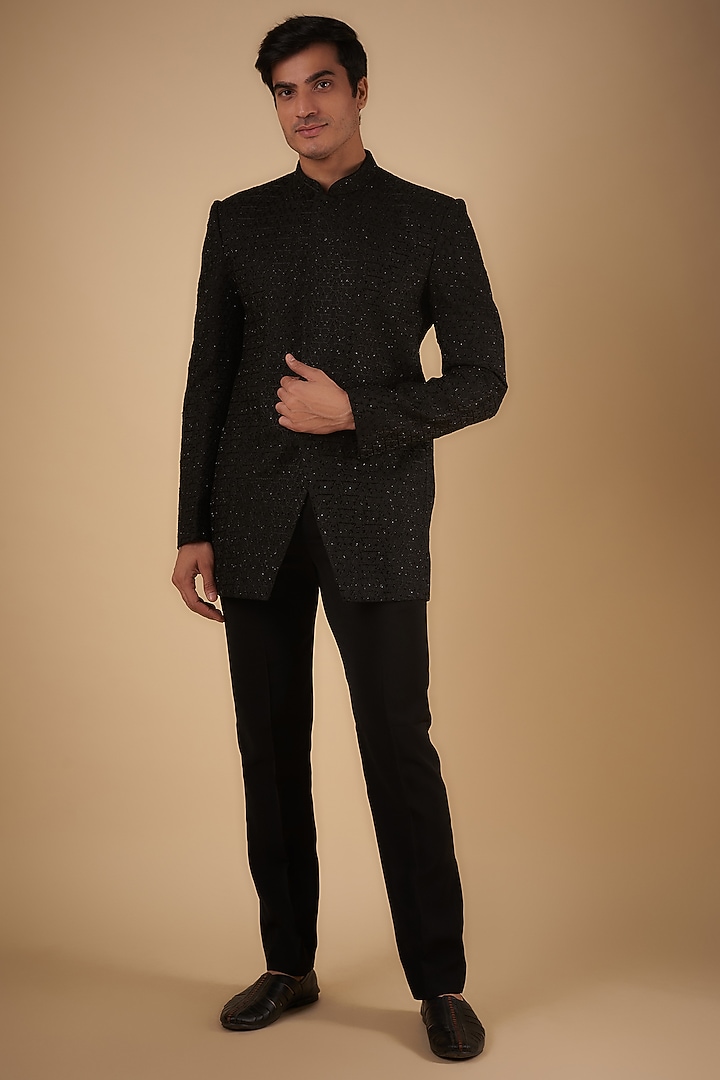 Black Silk Thread Embroidered Wedding Indowestern Set by SVEN SUITS at Pernia's Pop Up Shop