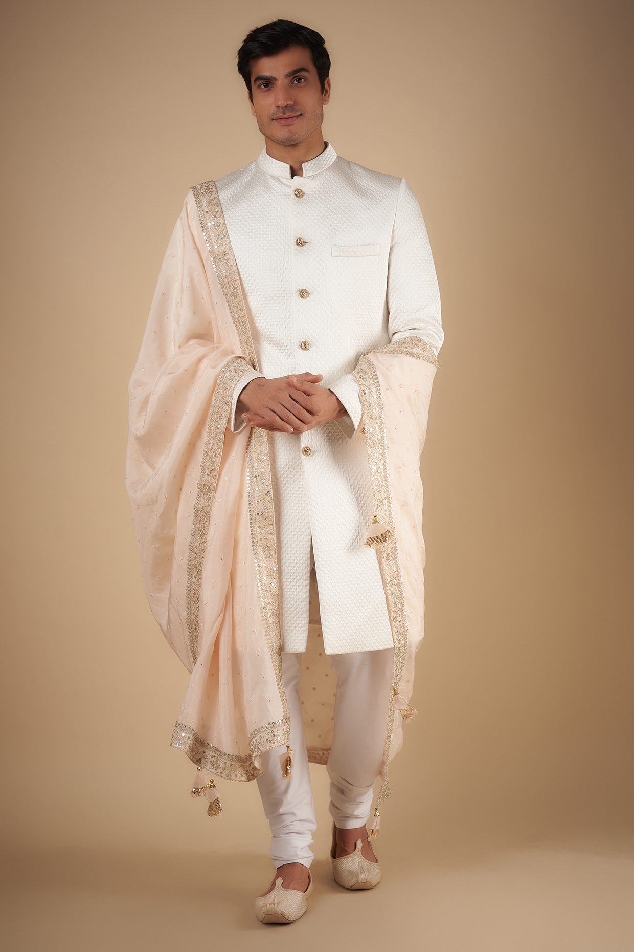 White Polyester Viscose Wedding Sherwani Set by SVEN SUITS at Pernia's Pop Up Shop