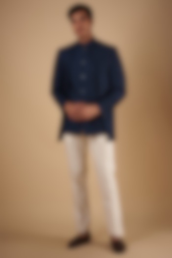 Blue Silk Embroidered Wedding Indowestern Set by SVEN SUITS at Pernia's Pop Up Shop