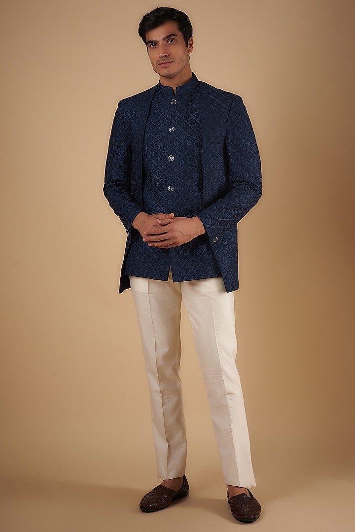 Blue Silk Embroidered Wedding Indowestern Set by SVEN SUITS at Pernia's Pop Up Shop