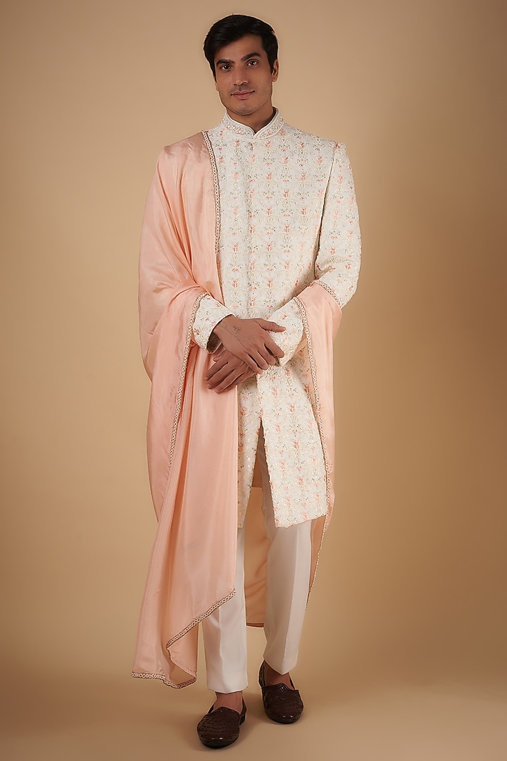 Ivory Japanese Stretch Embroidered Groom Sherwani Set by SVEN SUITS at Pernia's Pop Up Shop