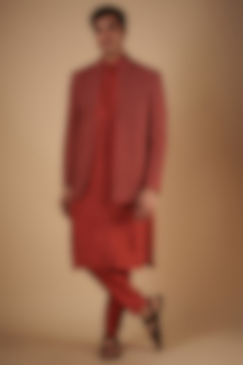 Red Silk Embroidered Wedding Indowestern Set by SVEN SUITS at Pernia's Pop Up Shop