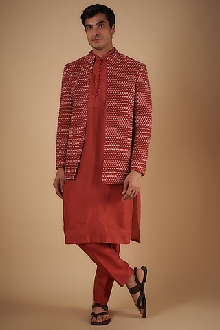 Red Silk Embroidered Indowestern Set by SVEN SUITS