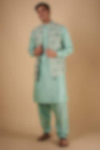 Sage Green Silk Embroidered Bundi Jacket Set by SVEN SUITS at Pernia's Pop Up Shop