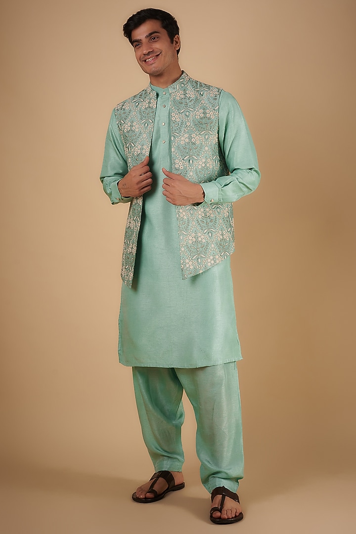 Sage Green Silk Embroidered Bundi Jacket Set by SVEN SUITS at Pernia's Pop Up Shop