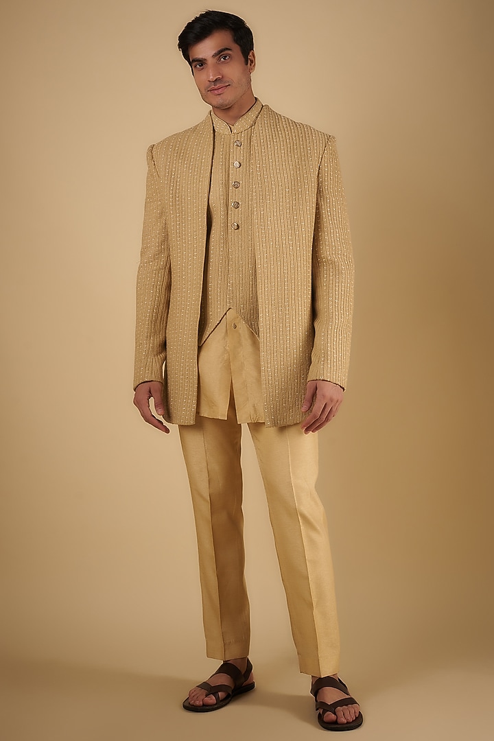 Gold Beige Silk Embroidered Wedding Indowestern Set by SVEN SUITS at Pernia's Pop Up Shop