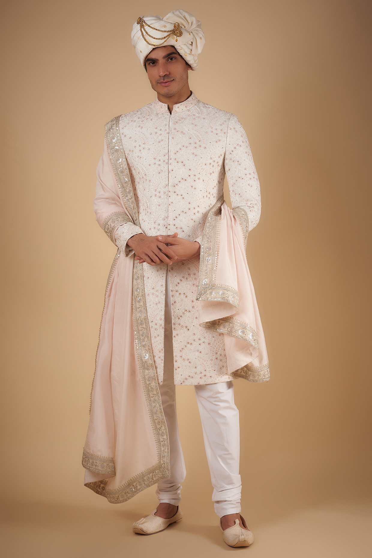 White Silk Motif Jaal Embroidered Groom Sherwani Set by SVEN SUITS at Pernia's Pop Up Shop