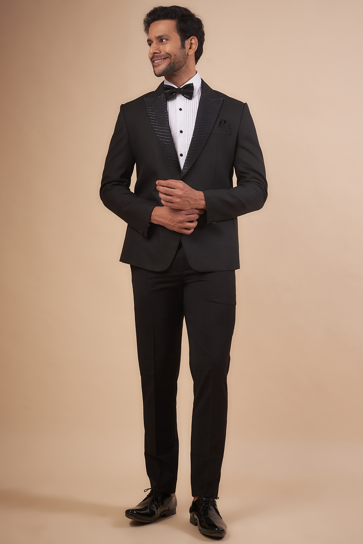 Black Satin & Polyester Embroidered Tuxedo Set by SVEN SUITS at Pernia's Pop Up Shop