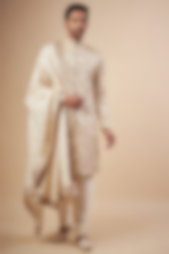 Gold Polyester Silk Floral Jaal Embroidered Groom Sherwani Set by SVEN SUITS at Pernia's Pop Up Shop