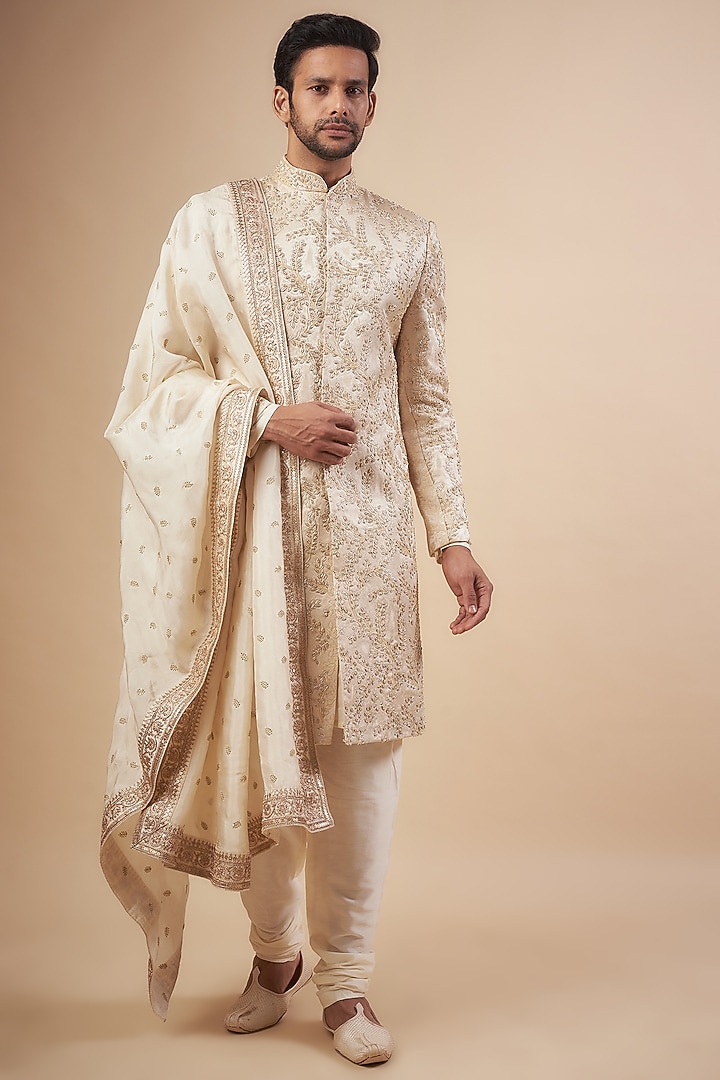 Gold Polyester Silk Floral Jaal Embroidered Groom Sherwani Set by SVEN SUITS at Pernia's Pop Up Shop