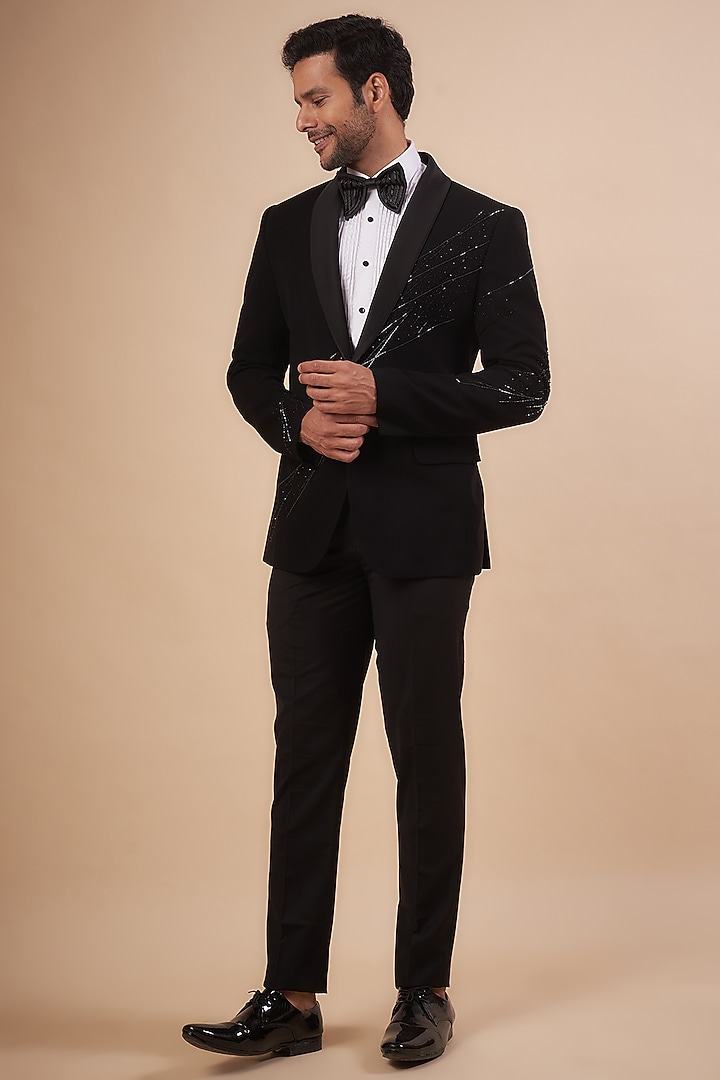 Black Japanese Polyester Stretch Tuxedo Set by SVEN SUITS at Pernia's Pop Up Shop