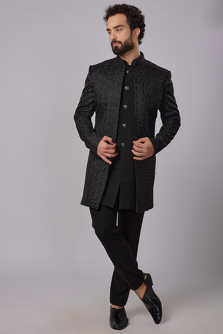 Black Silk & Polyester Viscose Motif Jaal Hand Embroidered Indowestern Set by SVEN SUITS at Pernia's Pop Up Shop