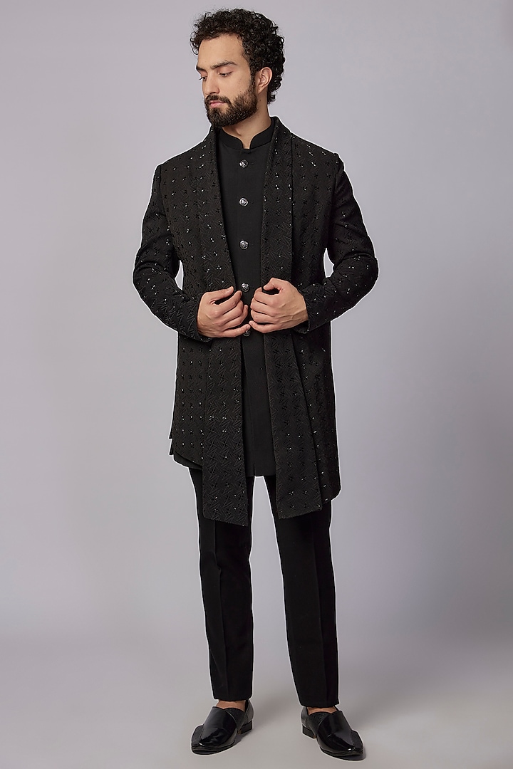 Black Silk & Polyester Viscose Jaal Hand Embroidered Wedding Indowestern Set by SVEN SUITS at Pernia's Pop Up Shop