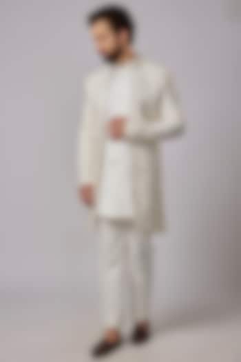 Vanilla White Polyester Stretch Cutdana Hand Embroidered Wedding Indowestern Set by SVEN SUITS at Pernia's Pop Up Shop