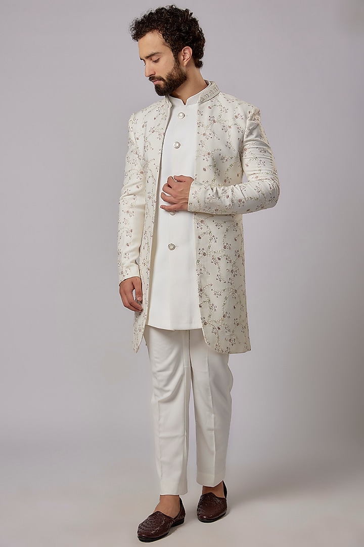 Vanilla White Polyester Stretch Cutdana Hand Embroidered Wedding Indowestern Set by SVEN SUITS at Pernia's Pop Up Shop