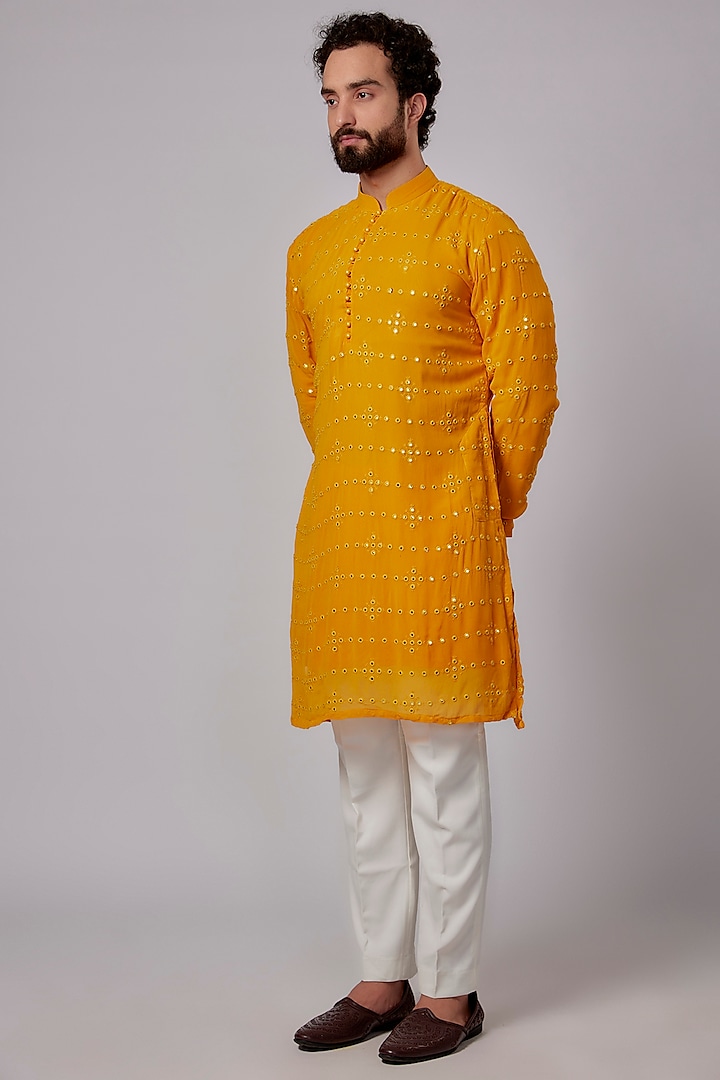 Yellow Georgette Foil Motif Embroidered Kurta Set by SVEN SUITS at Pernia's Pop Up Shop