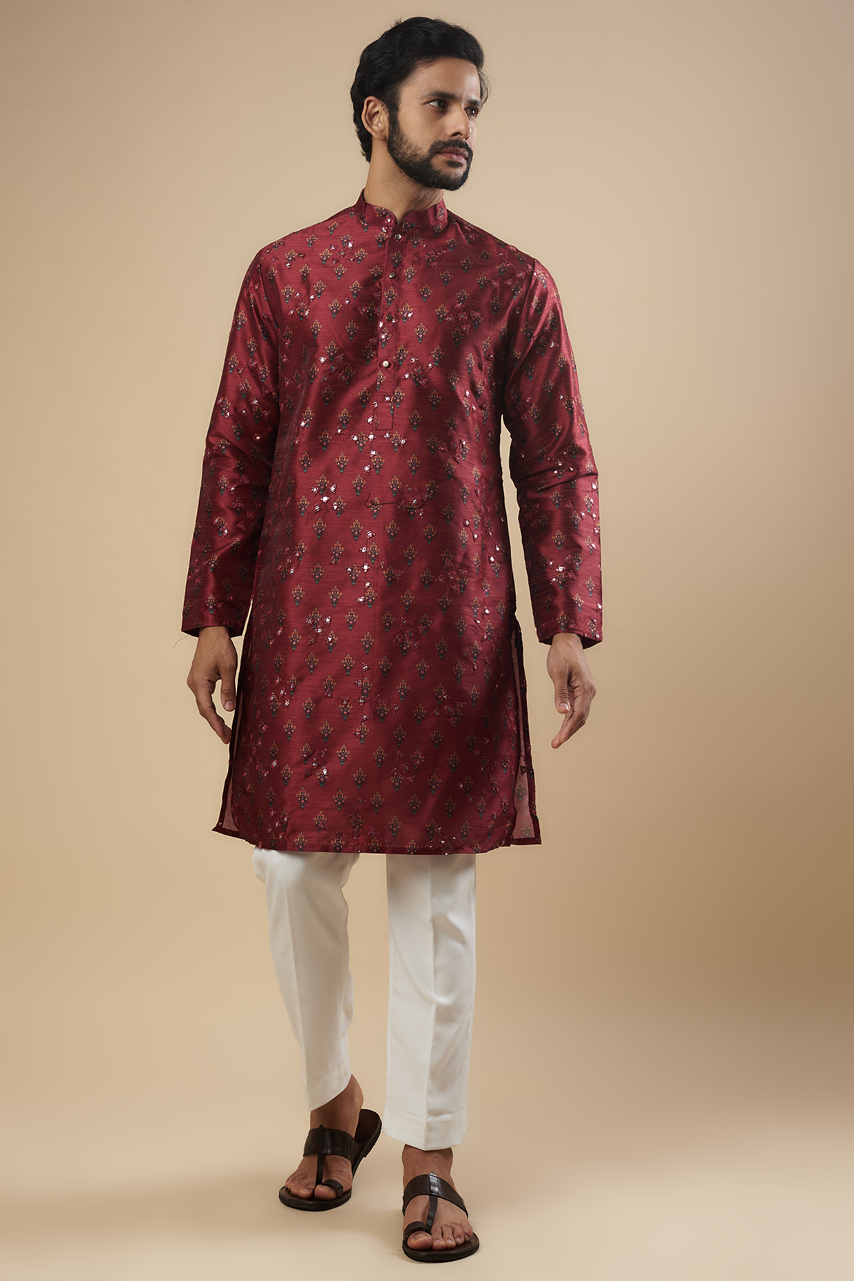 Wine Faux Silk Motif Printed & Mirror Embroidered Kurta Set by SVEN SUITS at Pernia's Pop Up Shop