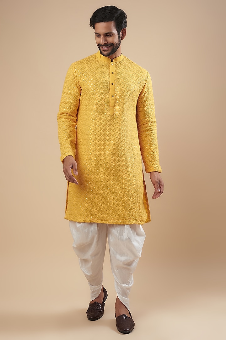 Yellow Faux Silk Sequins & Thread Embroidered Kurta Set by SVEN SUITS