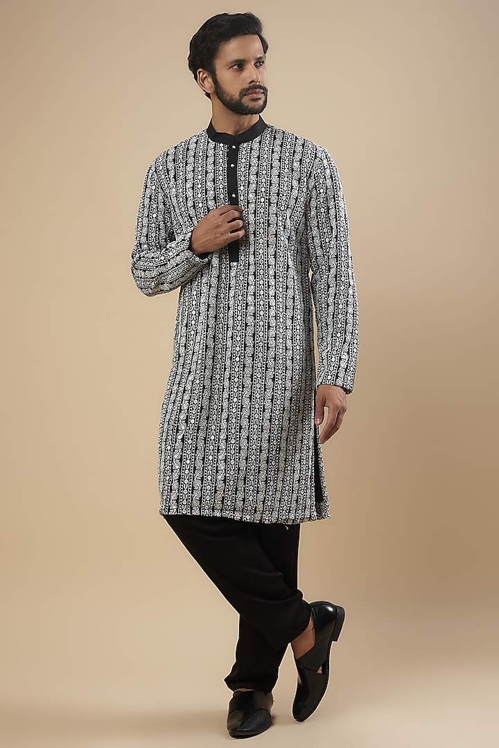 Black & White Rayon Sequins Embroidered Kurta Set by SVEN SUITS