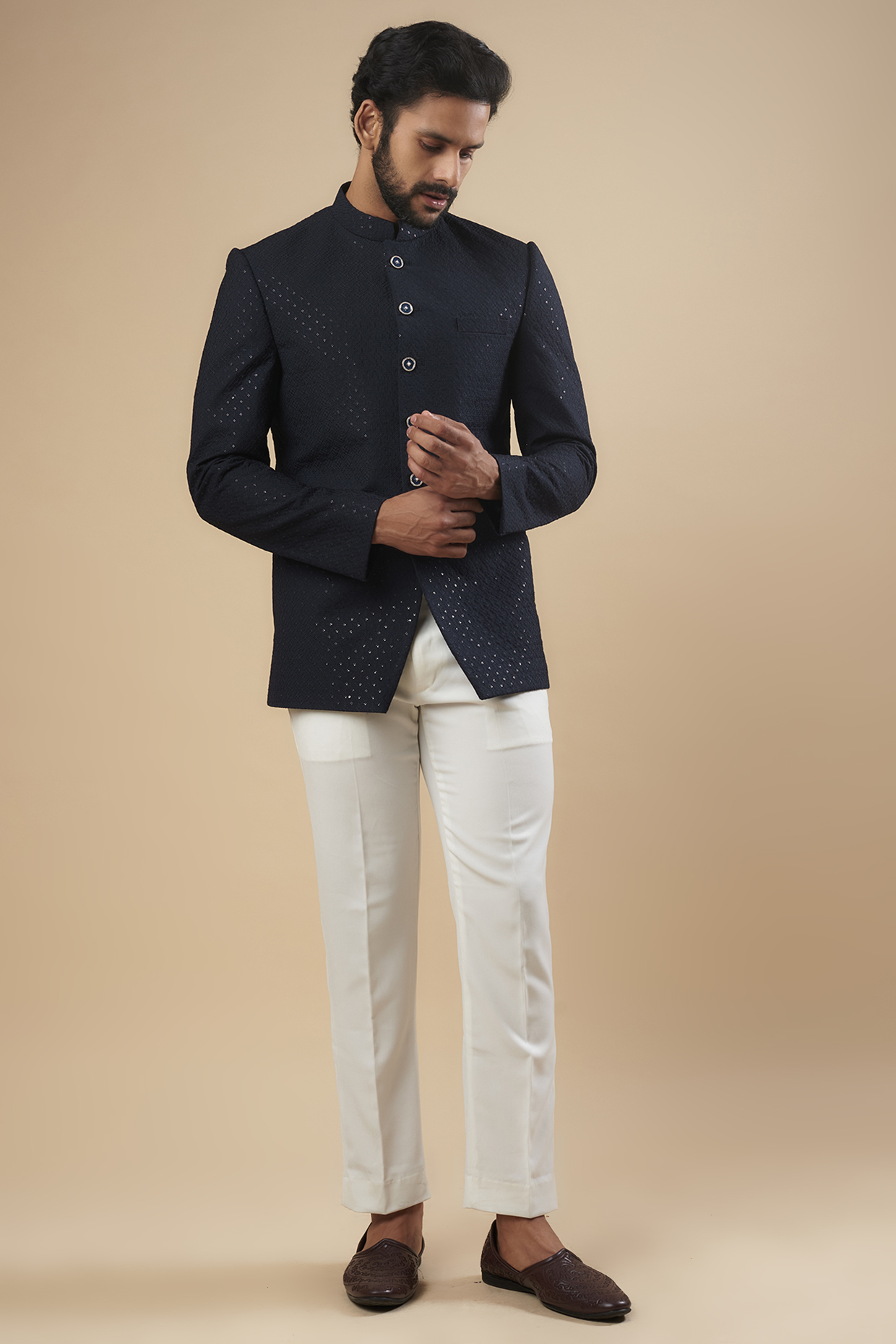 Navy Blue Polyester Viscose Stretch Sequins & Thread Bandhgala Set by SVEN SUITS