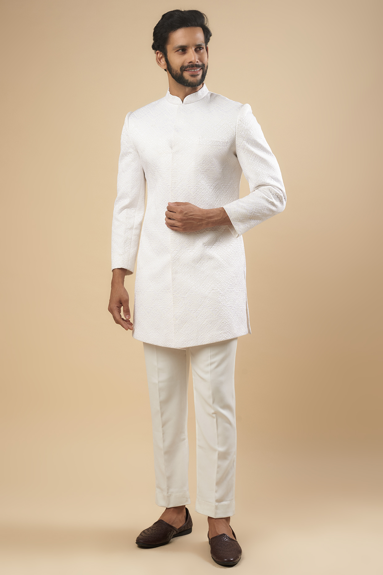 White Silk Geometric Jaal Embroidered Sherwani Set by SVEN SUITS