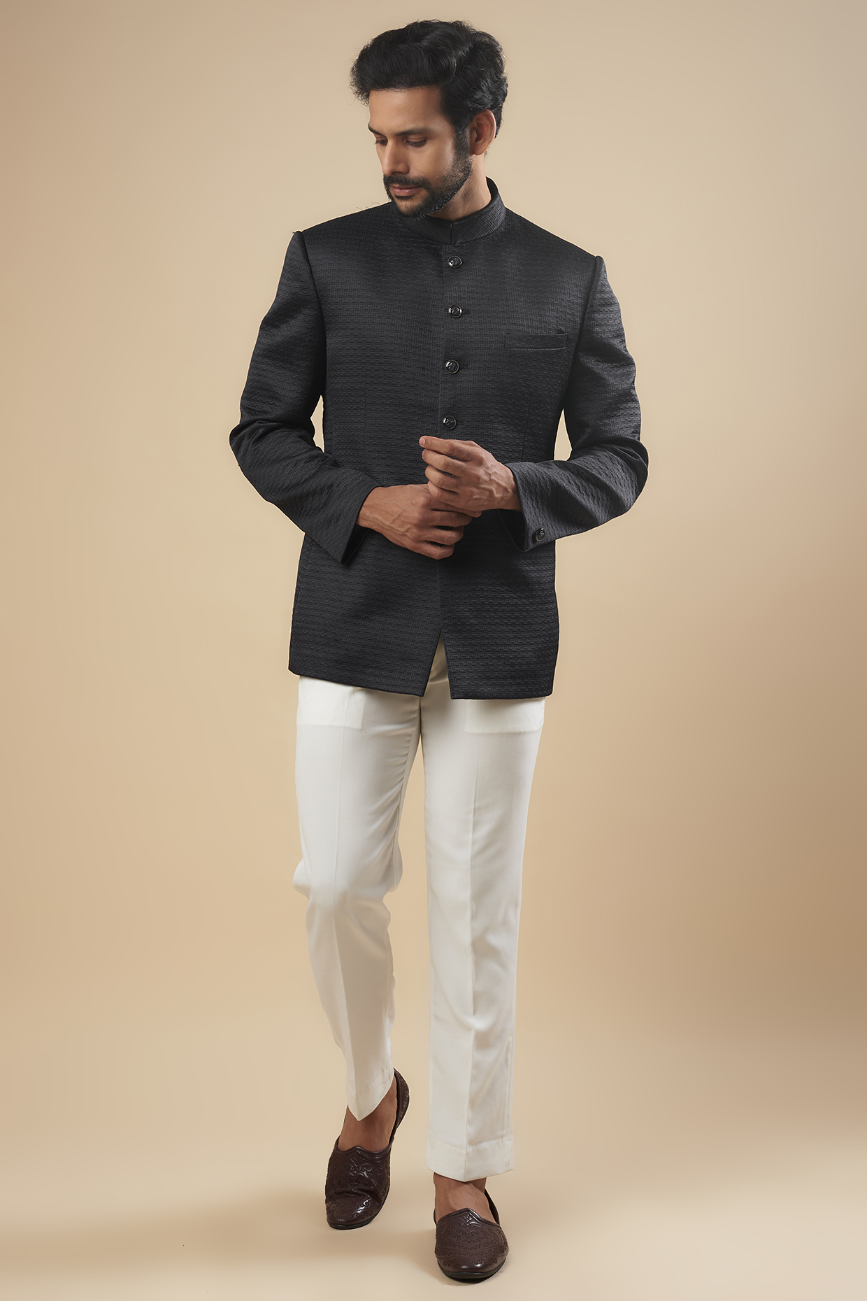 Navy Blue Polyester Viscose Stretch Bandhgala Set by SVEN SUITS