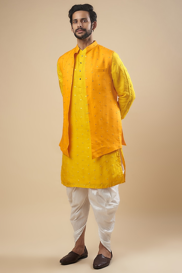 Yellow Silk Mirror Embroidered Indo-Western Jacket Set by SVEN SUITS at Pernia's Pop Up Shop