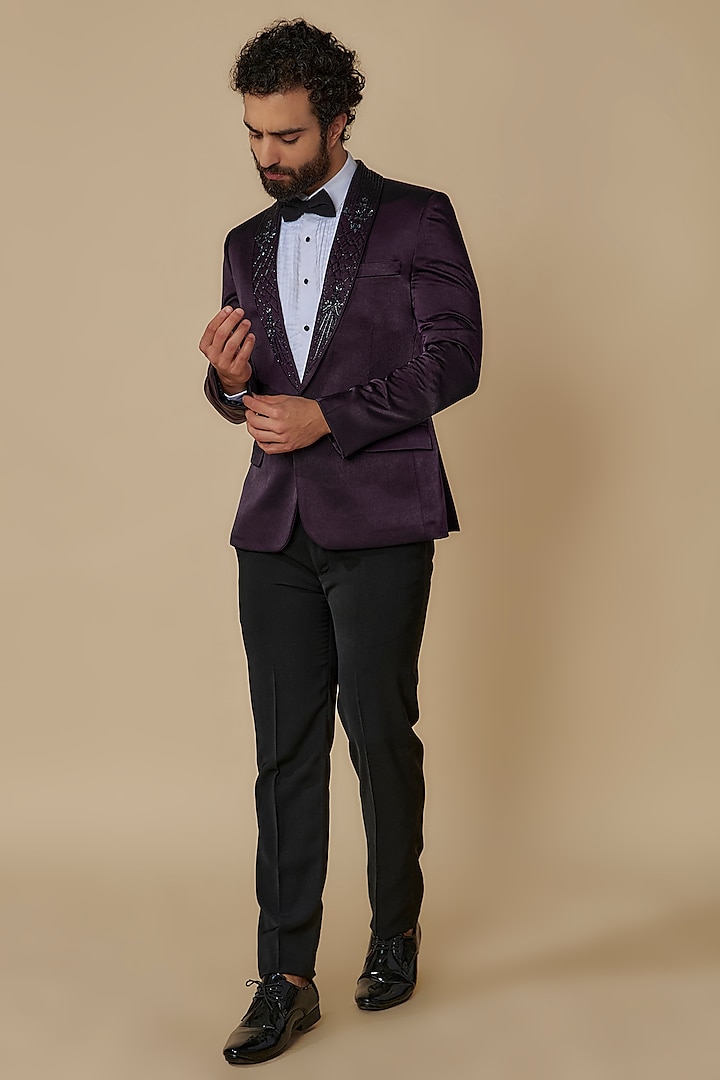 Purple Shimmer Satin Cutdana Hand Embroidered Tuxedo Set by SVEN SUITS