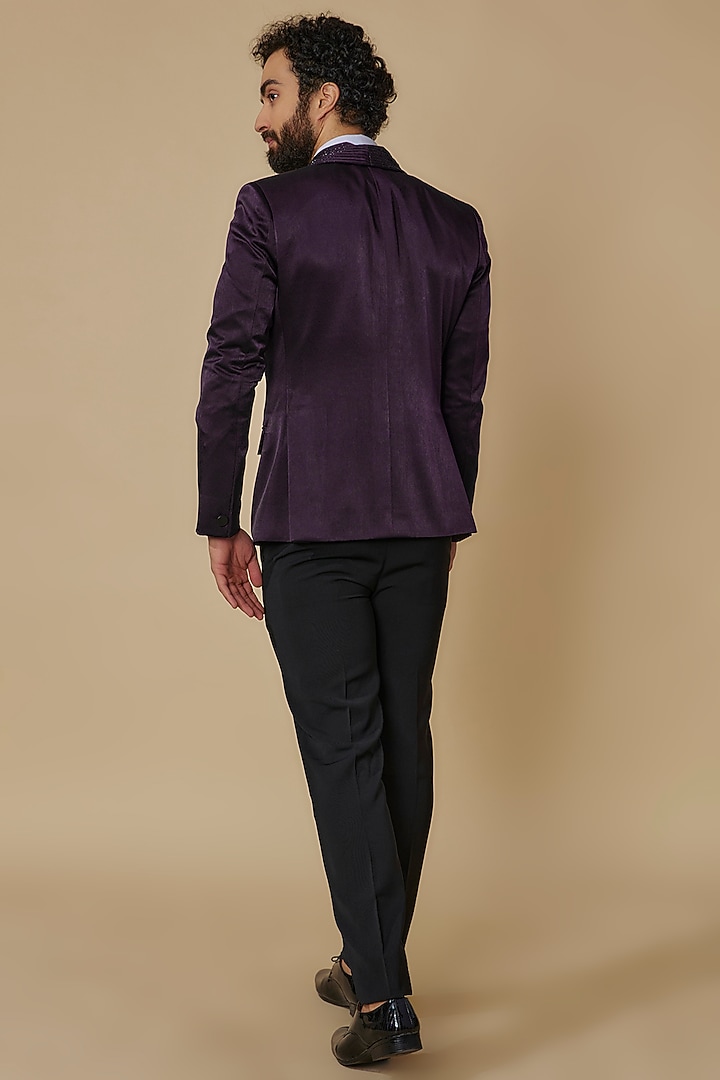 Purple Shimmer Satin Cutdana Hand Embroidered Tuxedo Set by SVEN SUITS at Pernia's Pop Up Shop