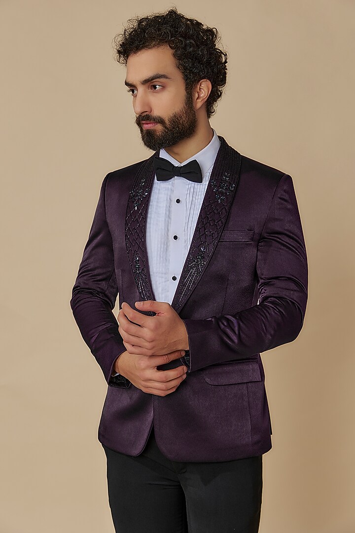 Purple Shimmer Satin Cutdana Hand Embroidered Tuxedo Set by SVEN SUITS at Pernia's Pop Up Shop
