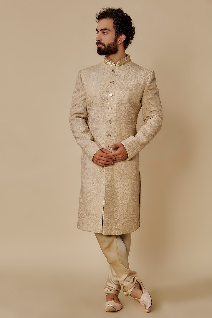 Golden Silk Geometric Jaal Embroidered Wedding Sherwani Set by SVEN SUITS at Pernia's Pop Up Shop
