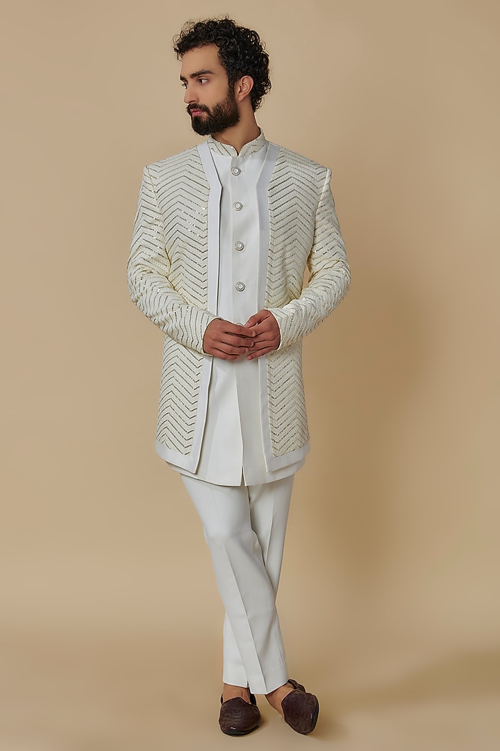 White Georgette Sequins Embroidered Indo-Western Set by SVEN SUITS at Pernia's Pop Up Shop
