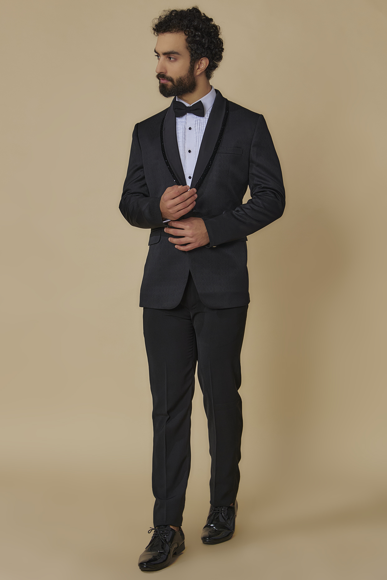 Black Poly Wool Tuxedo Set by SVEN SUITS at Pernia's Pop Up Shop