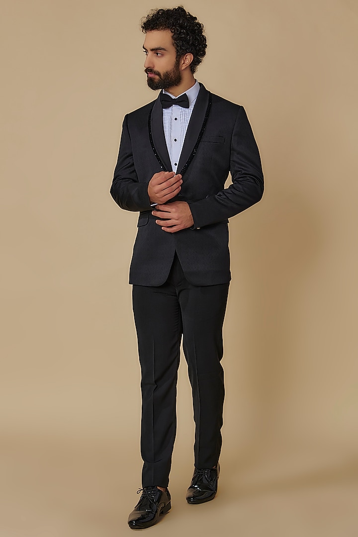 Black Poly Wool Tuxedo Set by SVEN SUITS at Pernia's Pop Up Shop